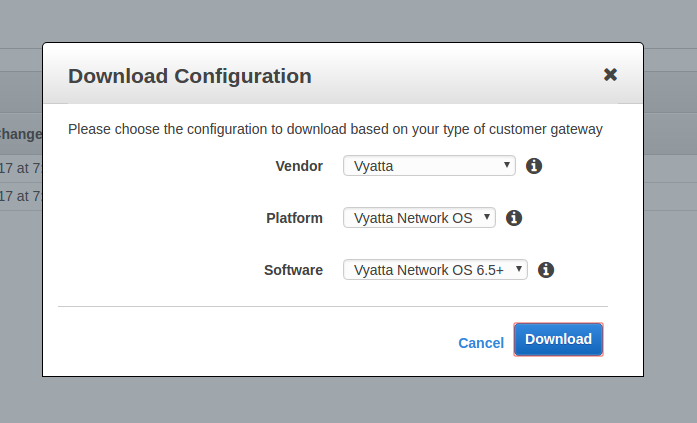 Download configuration. Config. Storage configuration. AWS VPN connection config.